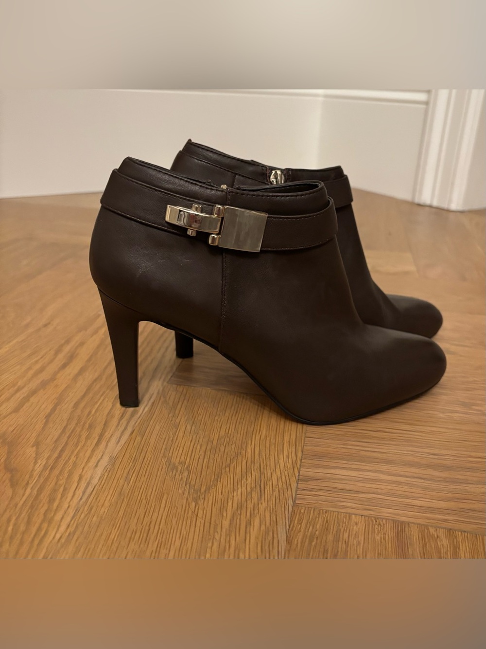 Vince Camuto Brown Leather Ankle Booties with Gold Buckle